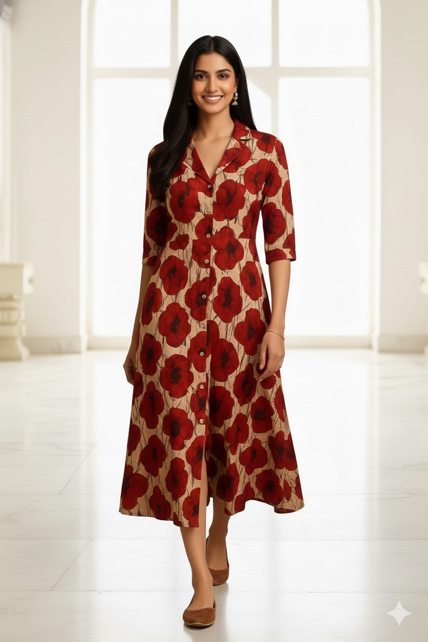 Women’s cotton A-line dress with beige–red poppy floral print, button-front and 3/4 sleeves, size 38–46