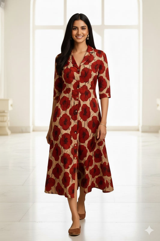 Women’s cotton A-line dress with beige–red poppy floral print, button-front and 3/4 sleeves, size 38–46