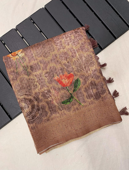 German Silk Saree with Super Weaves, Digital Print and Printed Blouse – Festive Wear for Women