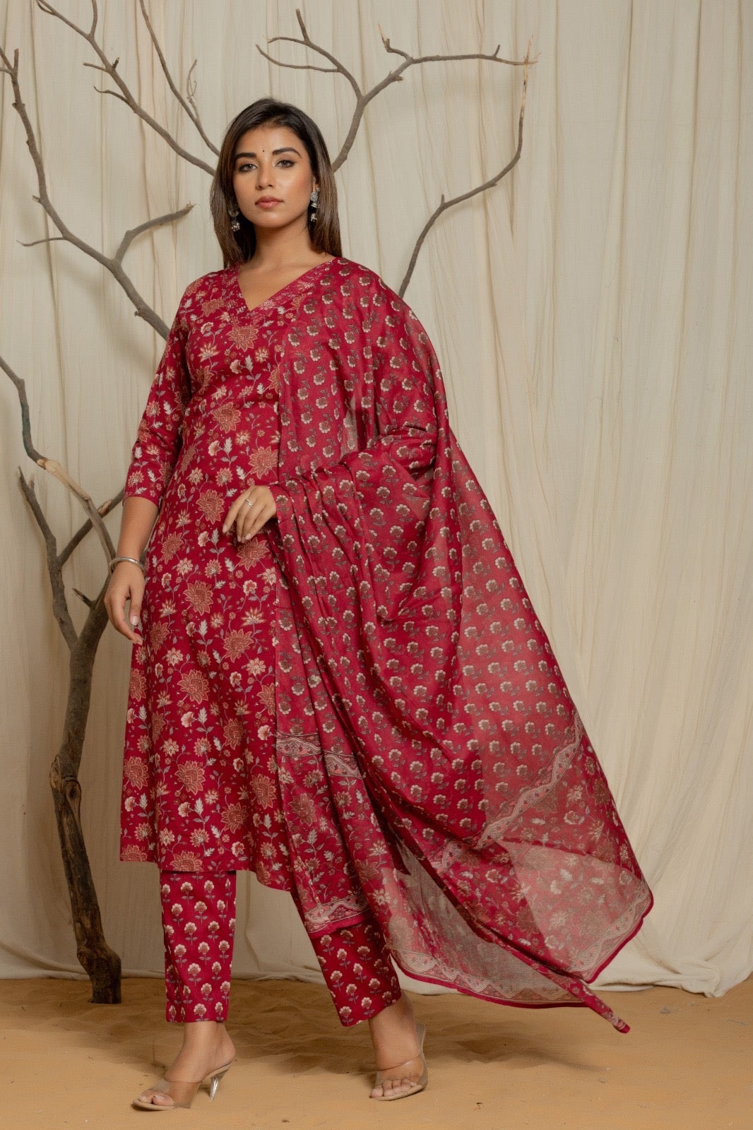 Maroon Printed Cotton SKD Set with Sequin & Thread Neck Embroidery – Plus Size – Sizes 46 to 52