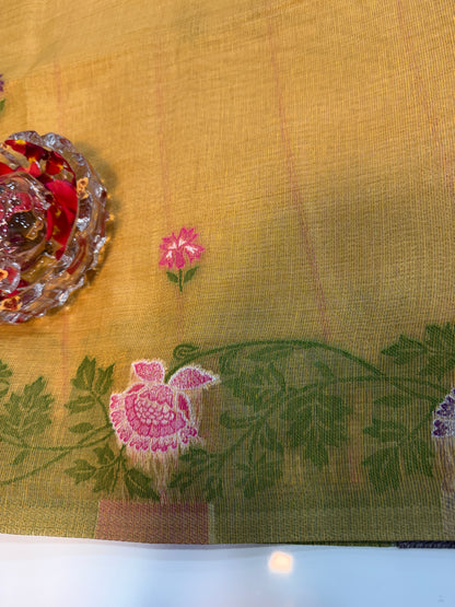 Tissue chanderi saree with floral border and tassel pallu, pastel printed saree for women