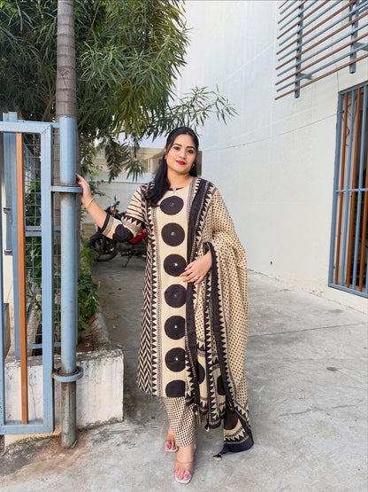 Beige and Black Cotton Printed Kurta Pant Dupatta Set for Women – Geometric Pattern Daily and Festive Wear