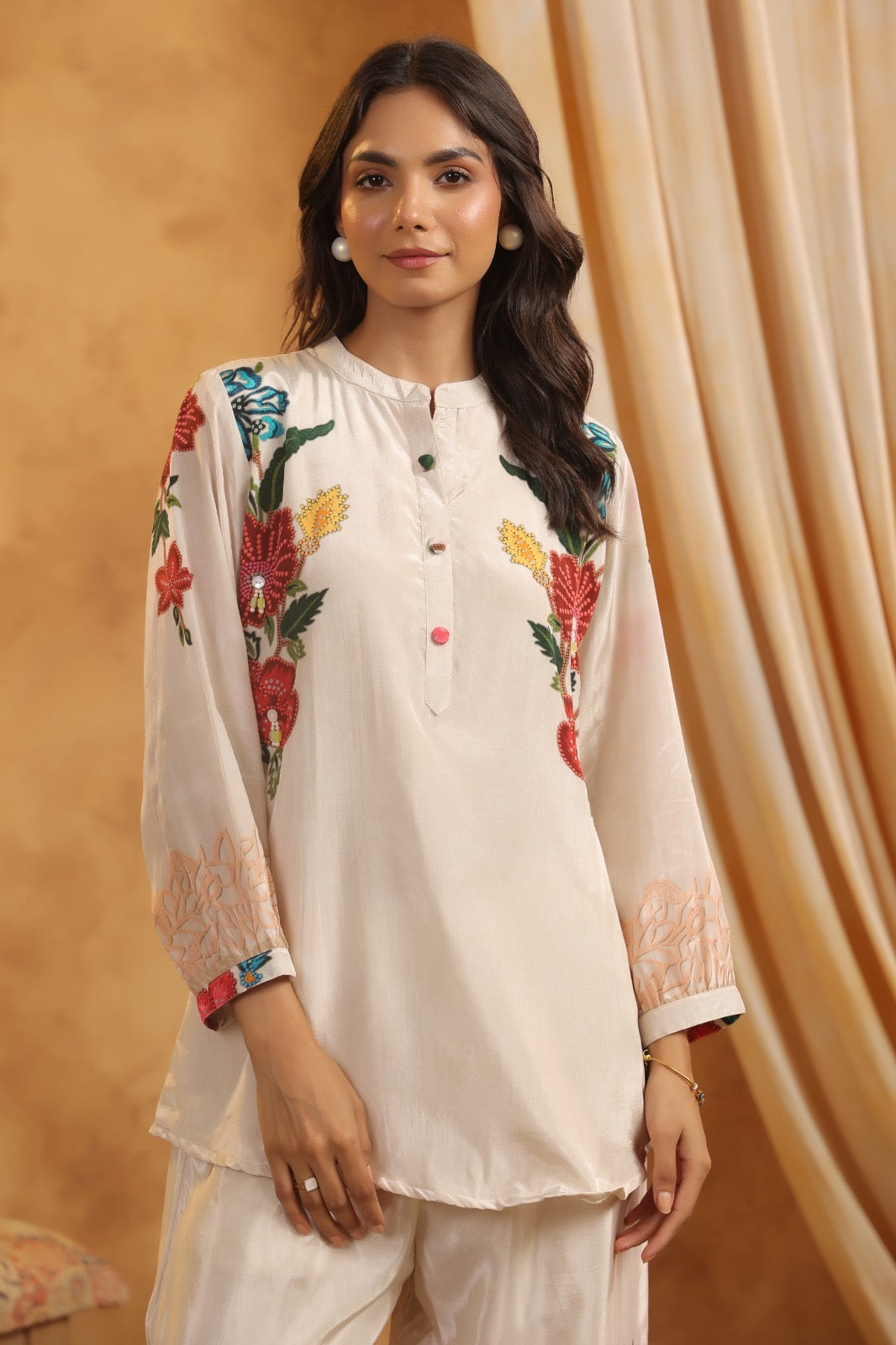 Premium Crepe Co-Ord Set with Floral Placement Print, Button and Tassel Detailing – Ethnic Wear for Women (38 to 44)