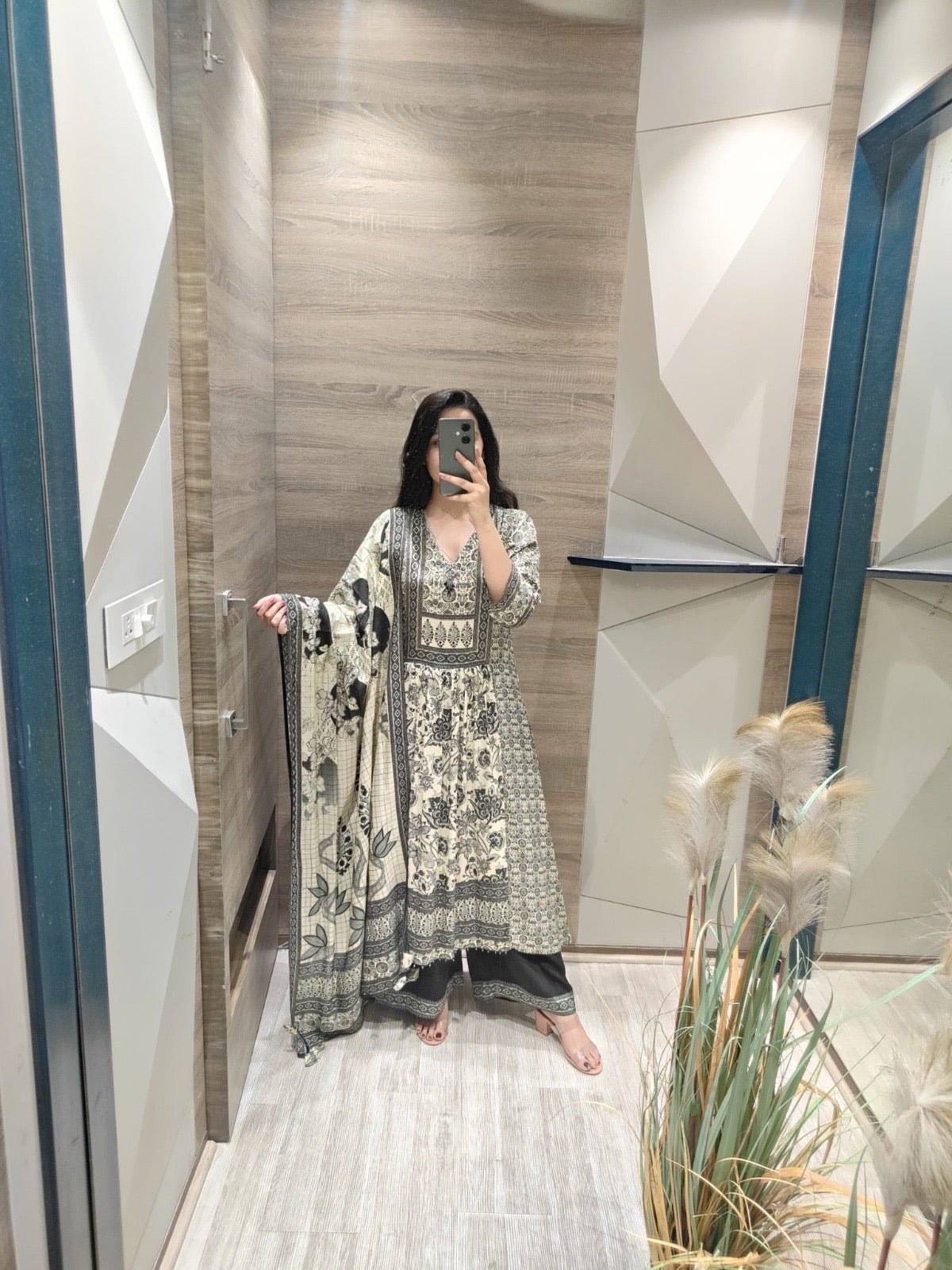 Women’s digital viscose silk kurta set with shantoon pant and muslin dupatta, sequin moti handwork, size 38–44