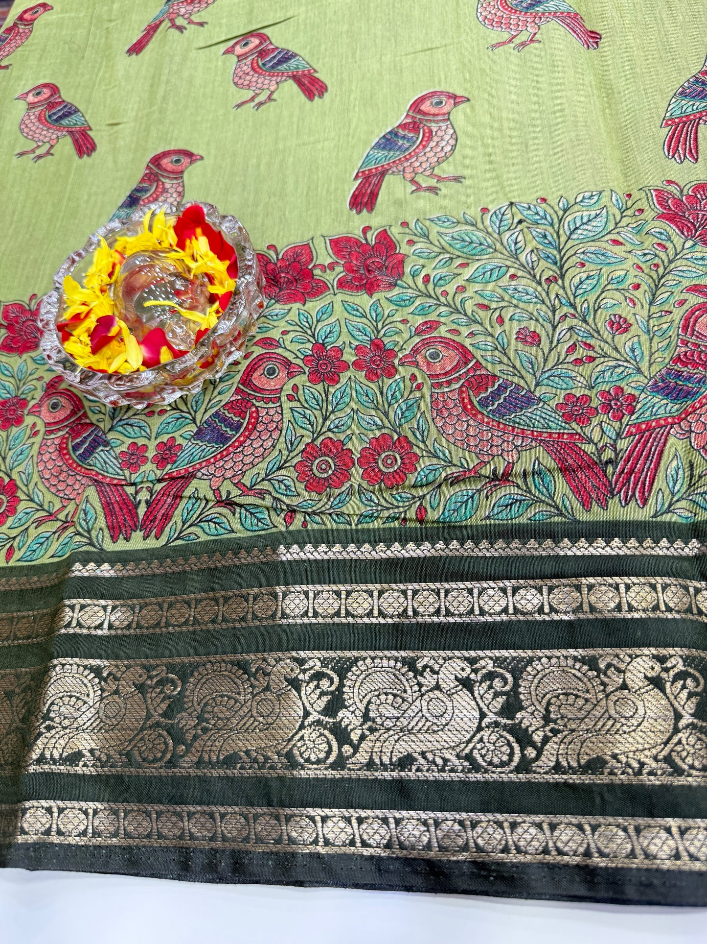 Venkatagiri style silk-blend printed saree with bird motifs and zari-style border, 6.3m women’s festive saree