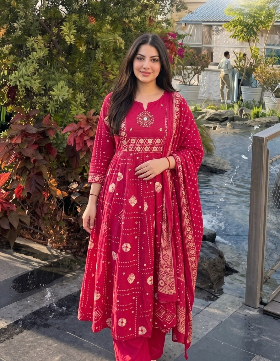 Cotton Kurta Pant Dupatta Set for Women with Sequin Work, Rani Pink, Sizes 38-46