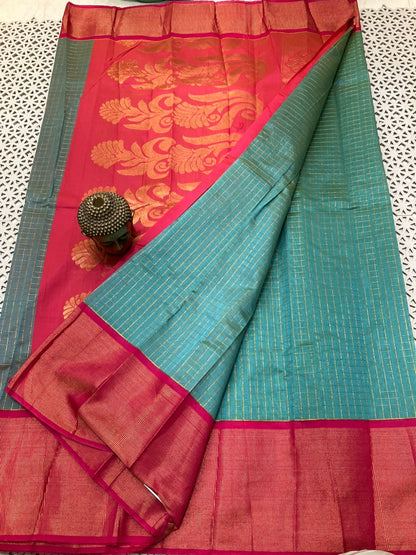 Mangalagiri Semi Pattu Saree with Kadi Border, Checks and Butta Weave for Women – Contrast Pallu and Blouse