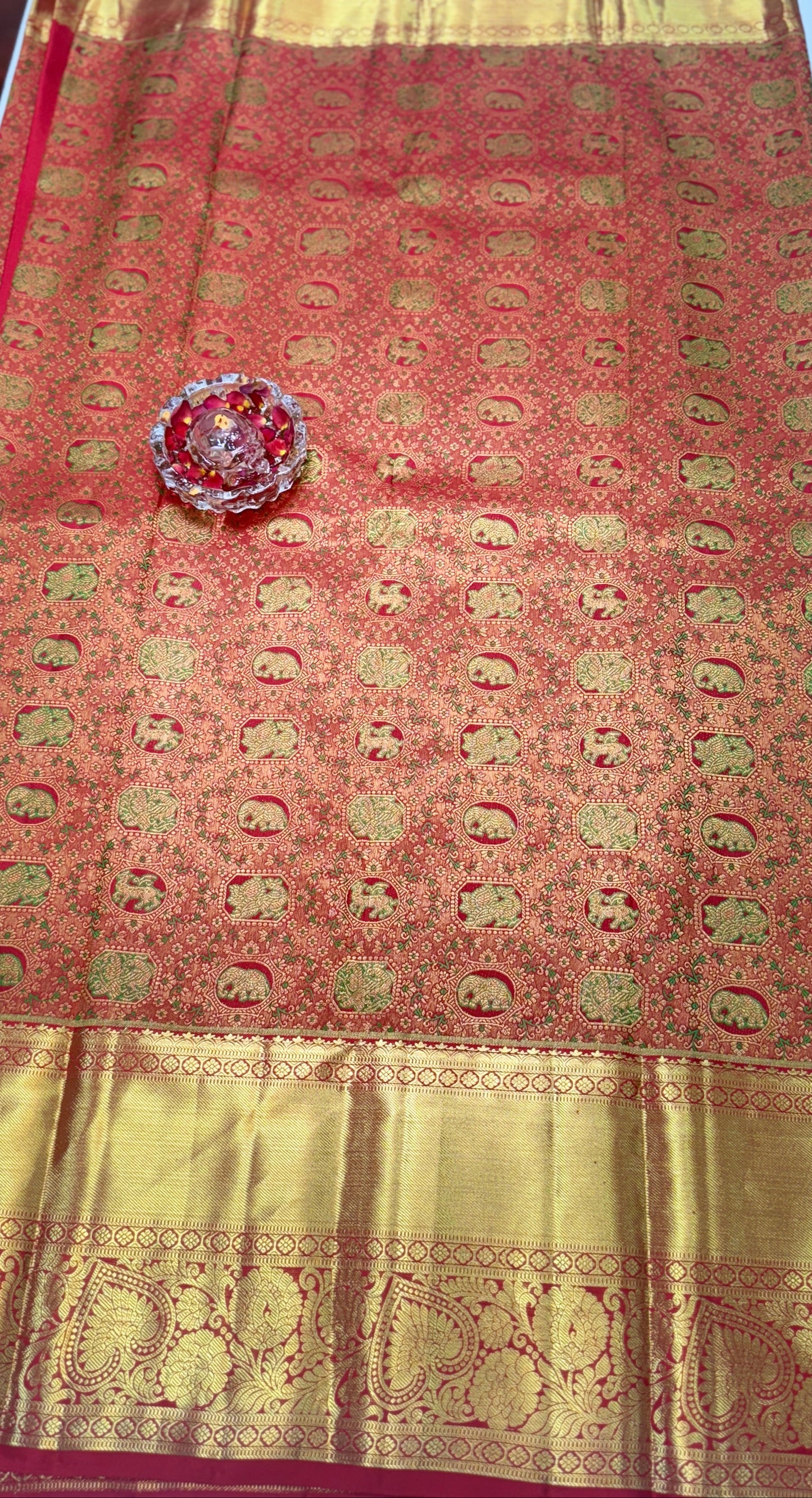 Bright Red Handloom Mulberry Silk Saree with Double Card Meenakari Motifs and Gold Zari Border