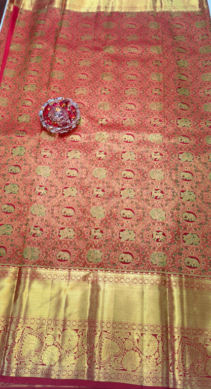 Bright Red Handloom Mulberry Silk Saree with Double Card Meenakari Motifs and Gold Zari Border