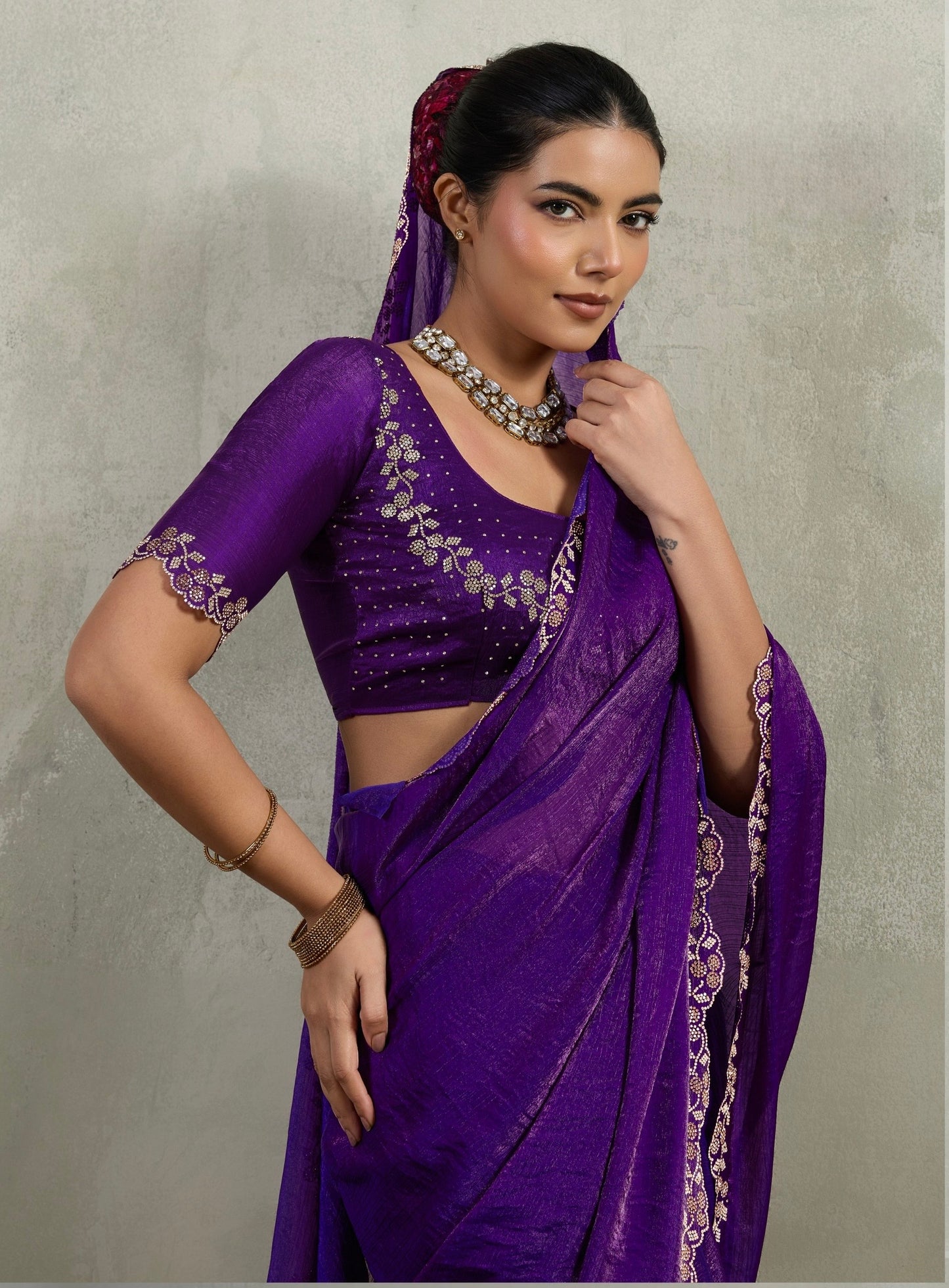 Velvet Chiffon Saree with Dual Tone Zarkan Work and Designer Blouse – Partywear Saree for Women