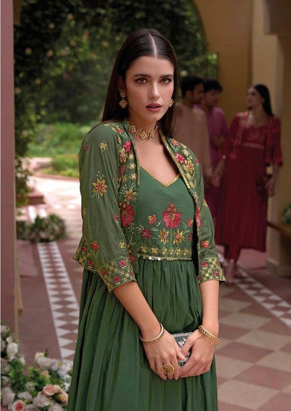 Pure Viscose Silk Gown Pant Set with Embroidered Organza Koti – Women’s Festive Ethnic Wear