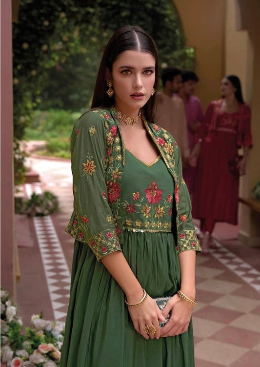 Pure Viscose Silk Gown Pant Set with Embroidered Organza Koti – Women’s Festive Ethnic Wear