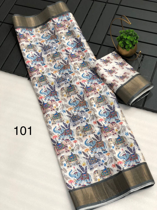 Mangalgiri Saree for Women with Kalamkari Print, Zari Weaving Border, Digital Pallu and Contrast Blouse Piece