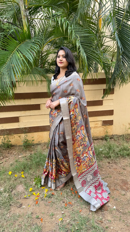 Handloom Semi Tussar Saree with Kalamkari Design and Silver Border for Festive Wear