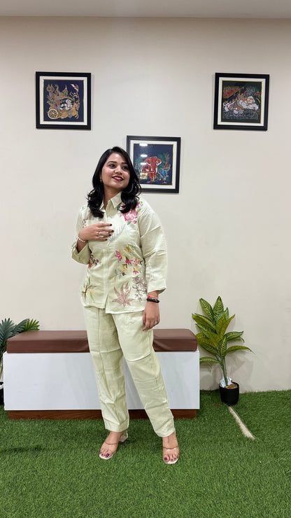 Women's Pure Silk Co-ord Set in Light Pistachio with Floral Embroidery and Straight Pants