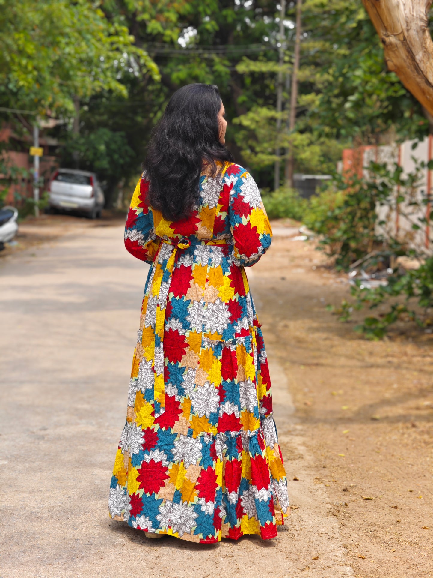 Radiant Blooms Cotton Flared Dress with Multi-Color Floral Panels – Casual & Occasion Wear