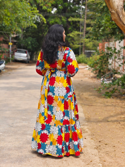 Radiant Blooms Cotton Flared Dress with Multi-Color Floral Panels – Casual & Occasion Wear