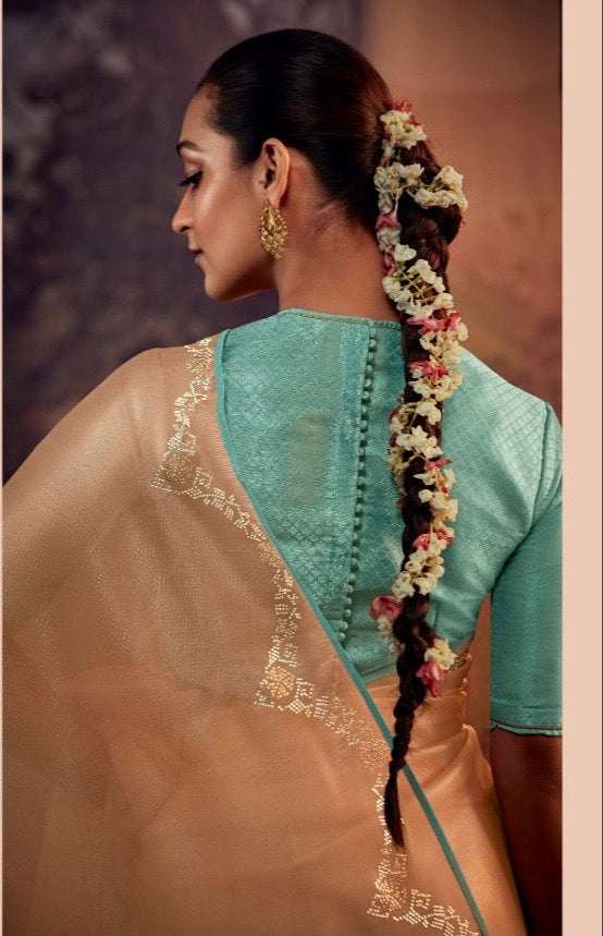 Organza Tissue Silk Saree with Embroidery or Swarovski Work and Heavy Designer Blouse – Wedding and Festive Wear for Women