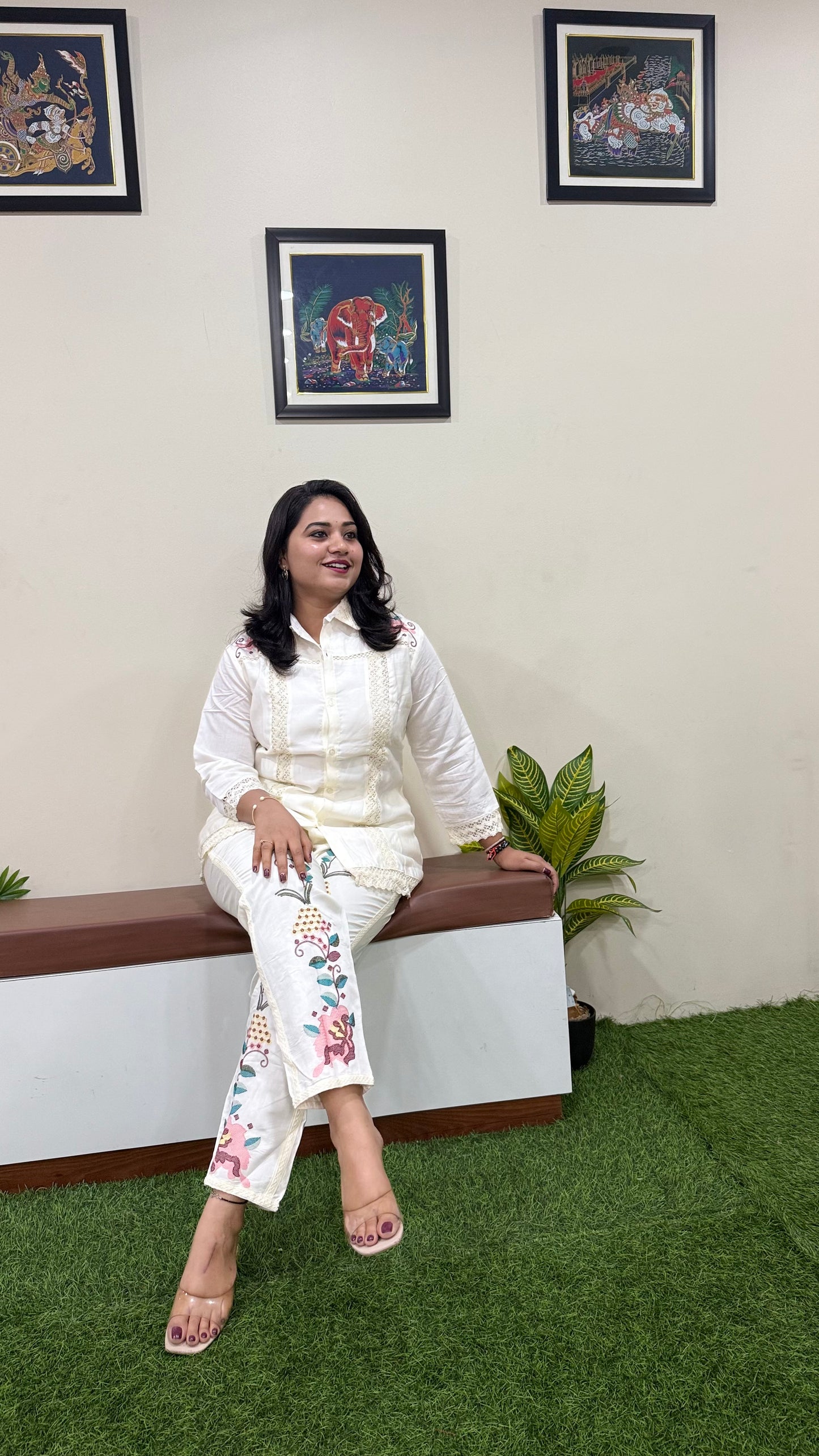 Women's Pure Silk Co-ord Set with Embroidered Straight Pants and Lace-Trimmed Shirt