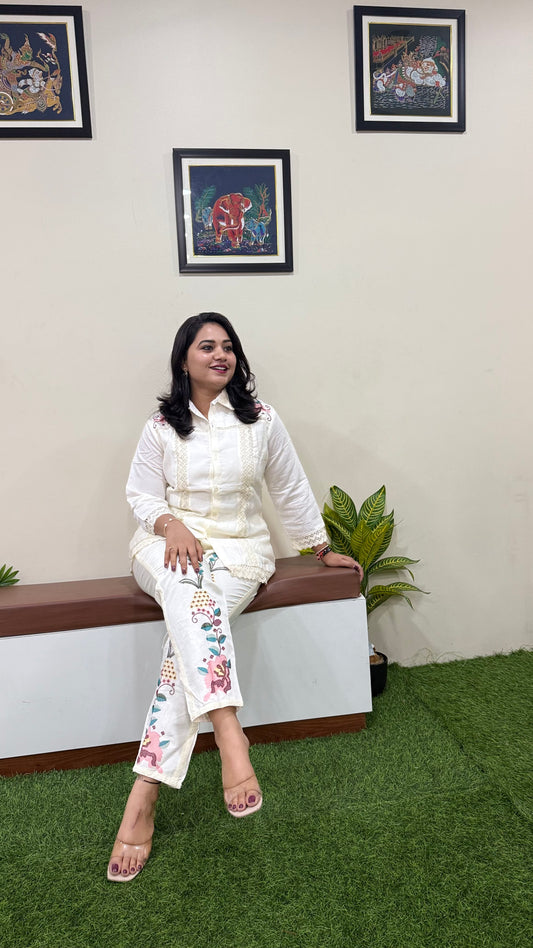 Women's Pure Silk Co-ord Set with Embroidered Straight Pants and Lace-Trimmed Shirt