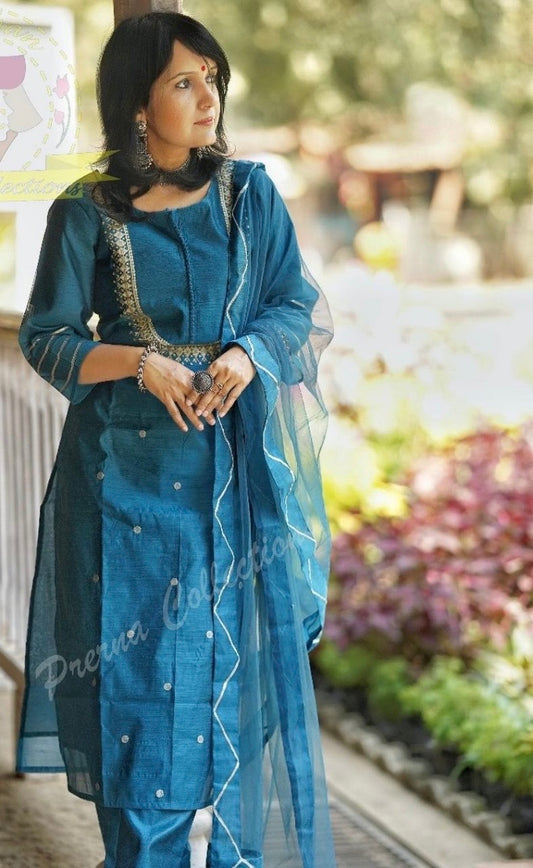 Chanderi Embroidered Kurti Pant Set with Organza Dupatta for Women – Sizes 38 to 44 – 3-Piece Set