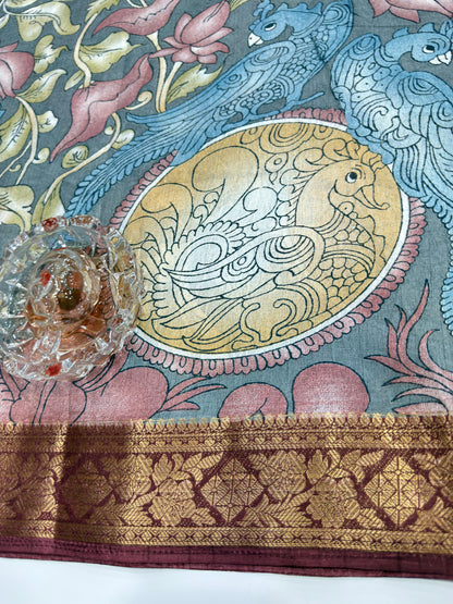 Silk blend printed saree with floral and bird motifs, zari border, women’s festive wear saree