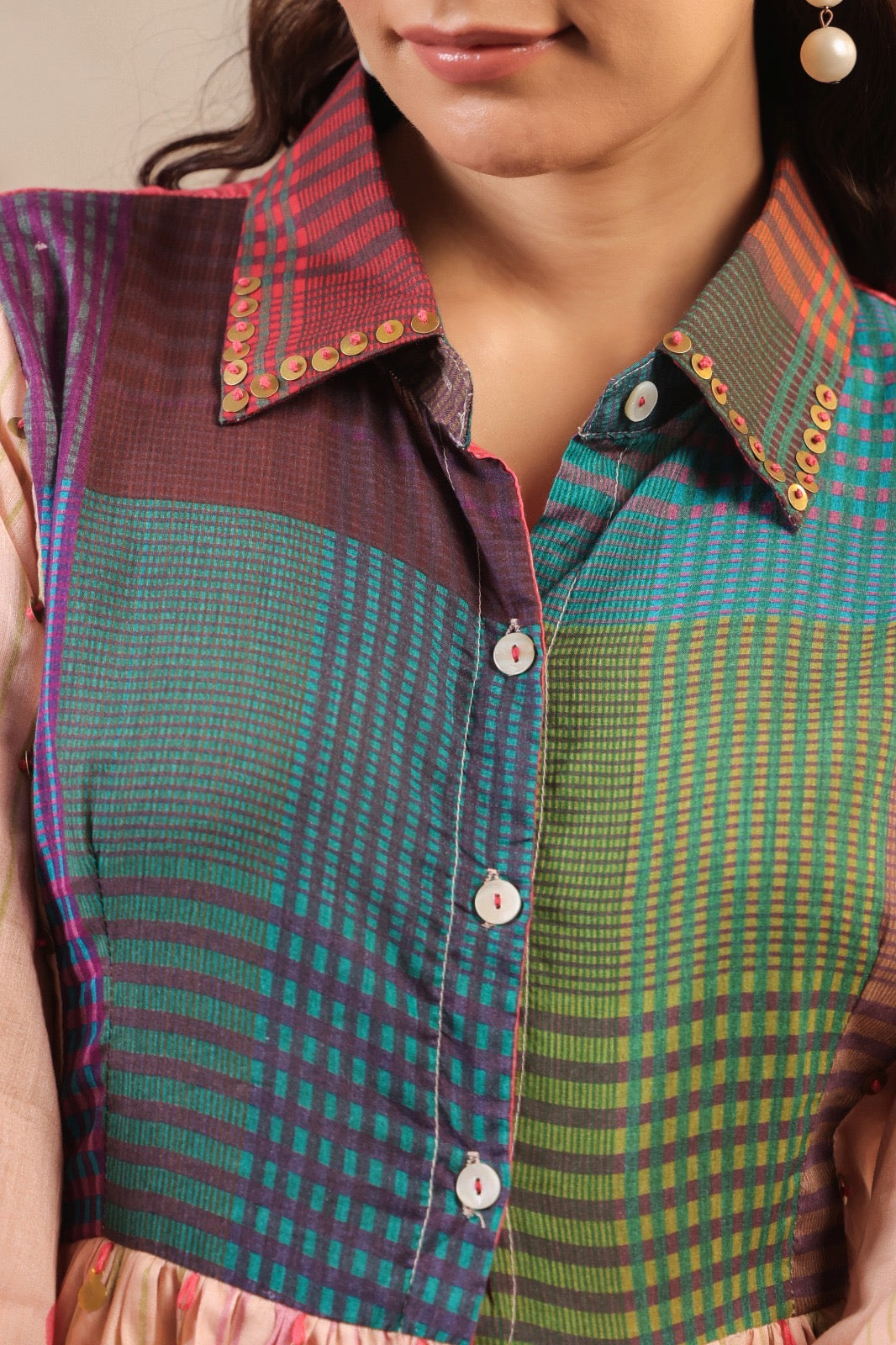 Pastel Panelled Cotton Dress with Checkered Yoke and Hand-Embroidered Motifs – Women’s Full Sleeve Casual Wear