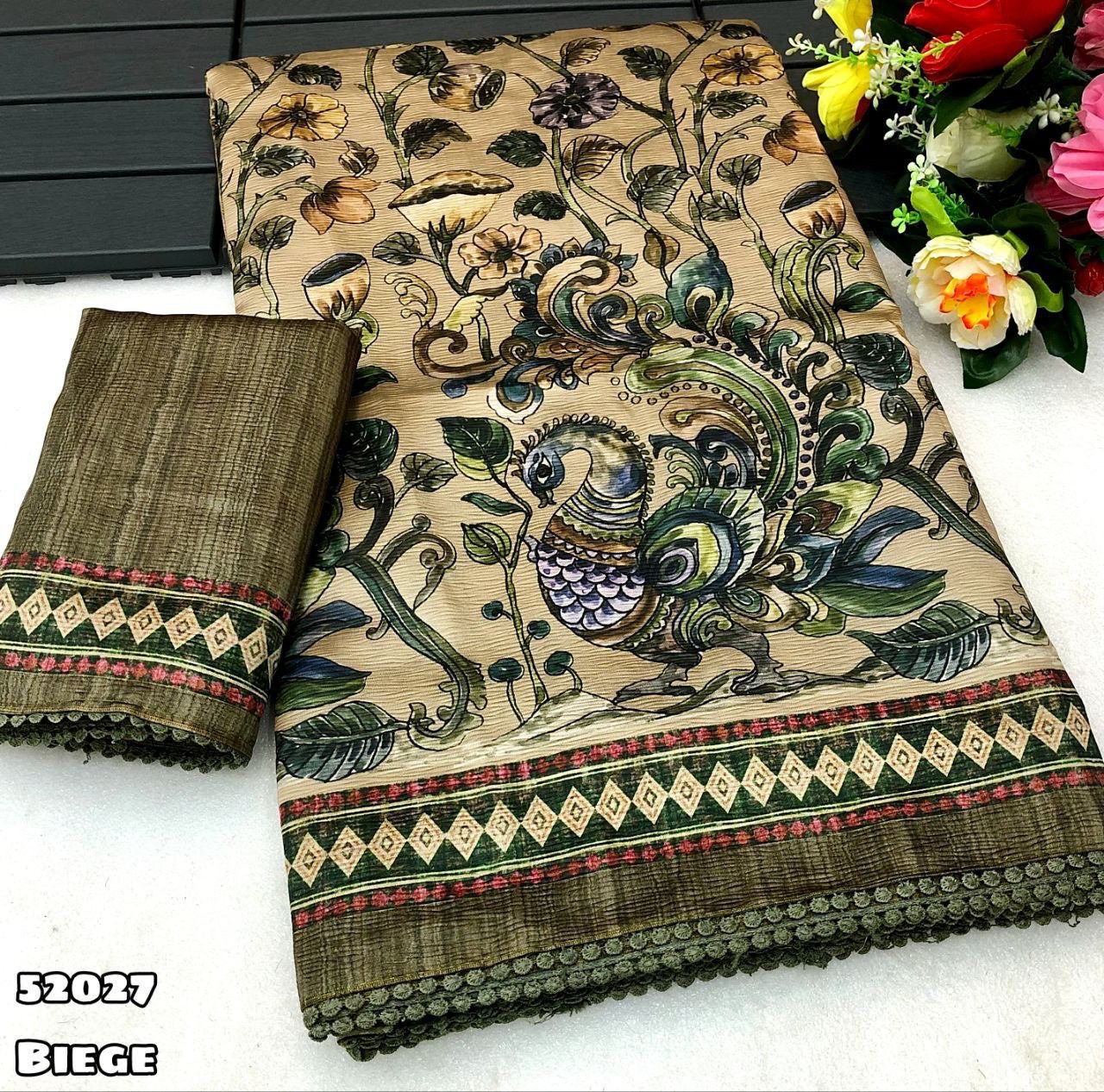 Semi Tussar Silk Saree with Floral Kalamkari Digital Print and Lace Border with Printed Blouse