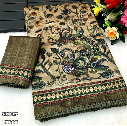 Semi Tussar Silk Saree with Floral Kalamkari Digital Print and Lace Border with Printed Blouse