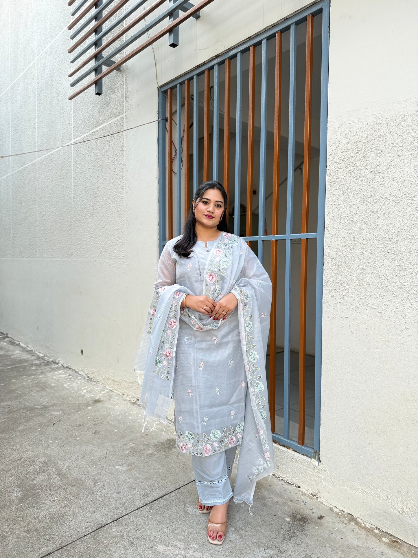 Kota Doria Embroidered Suit Set with Dupatta for Women – Light Grey, Kurta Pant Dupatta
