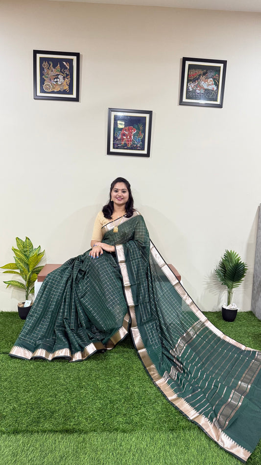 Mangalgiri Soft Semi Tussar Silk Saree with Check Pattern and Blouse Piece for Women – Lightweight Drape