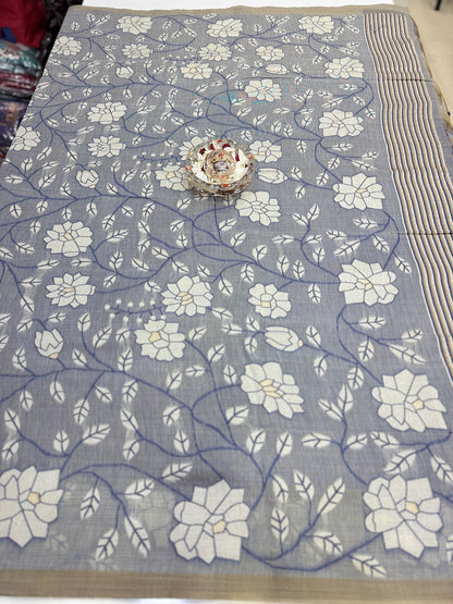 Linen printed saree with floral vine design, contrast border and tassel pallu, women’s daily wear saree