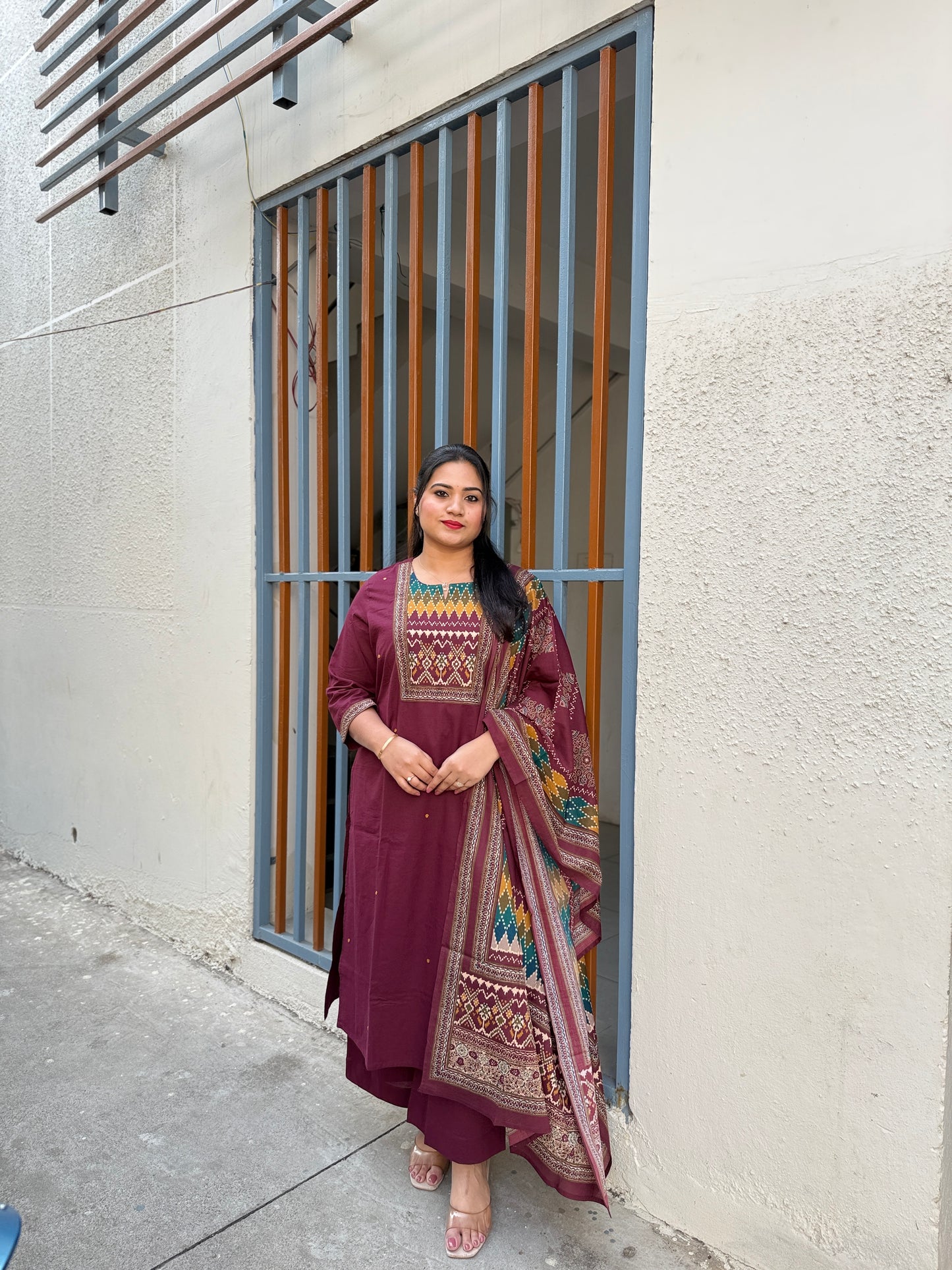 Cotton printed suit set for women with geometric yoke print, matching pant and dupatta