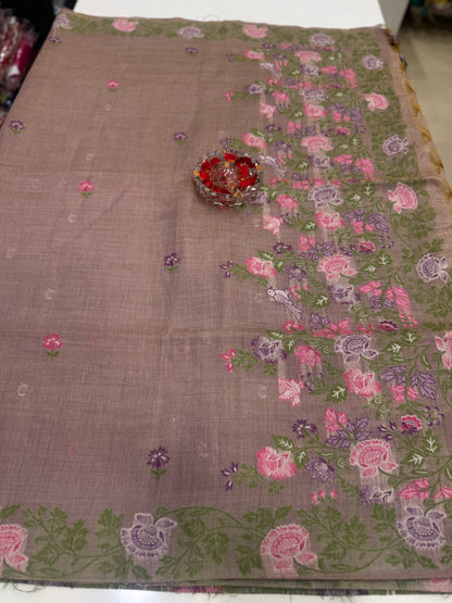 Tissue chanderi saree with floral border and tassel pallu, pastel printed saree for women