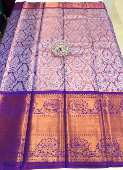 Bridal tissue saree for women with woven zari work and contrast border, kanchipuram style powerloom saree with blouse fabric