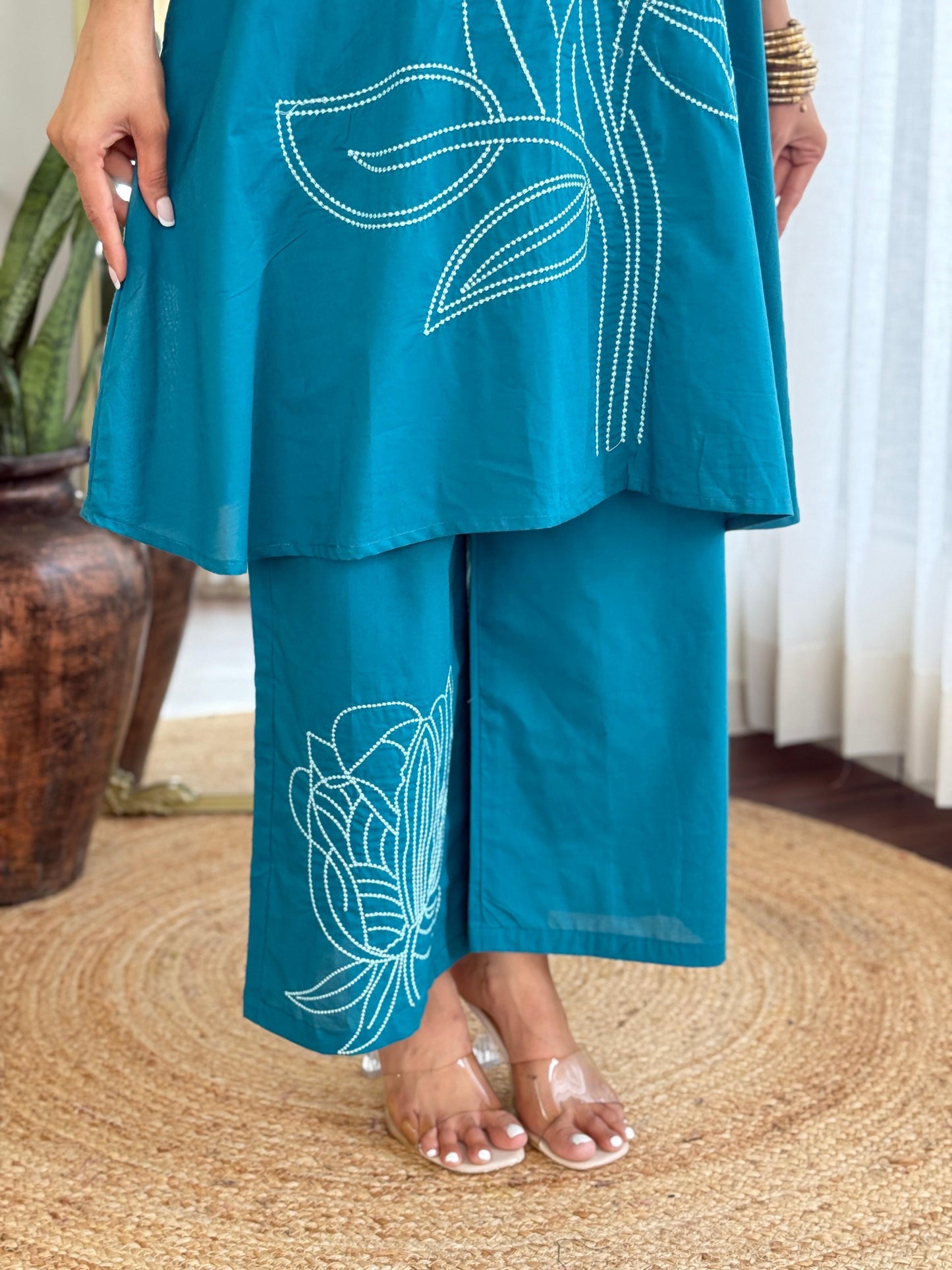 Pure Cotton Co-Ord Set with Elegant Embroidery – Ethnic Casual Wear for Women in Blue (M to XXL)
