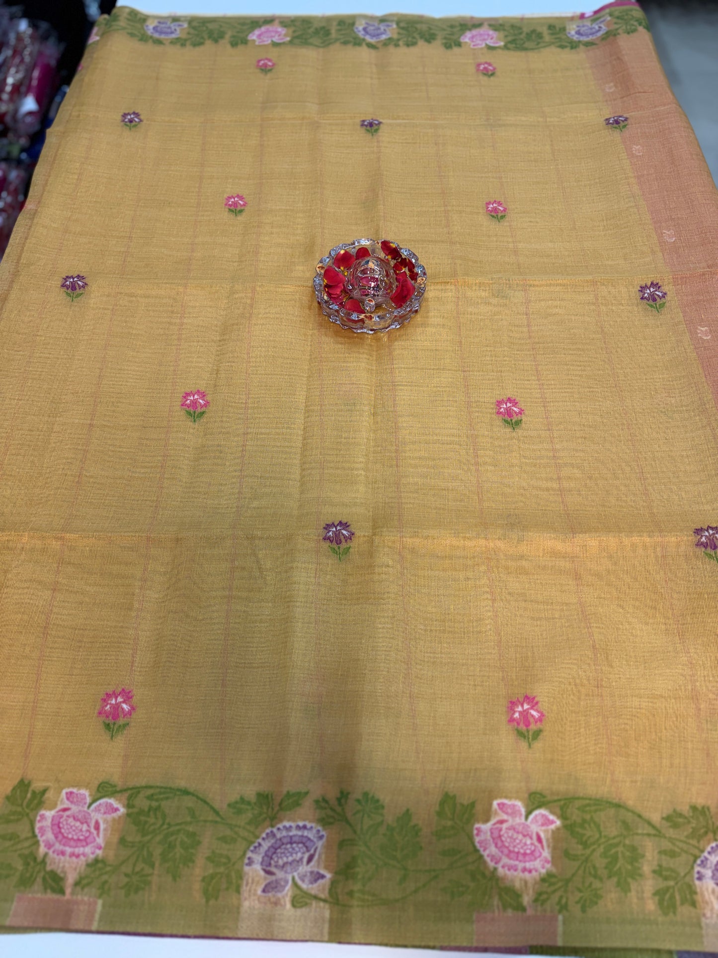 Tissue chanderi saree with floral border and tassel pallu, pastel printed saree for women