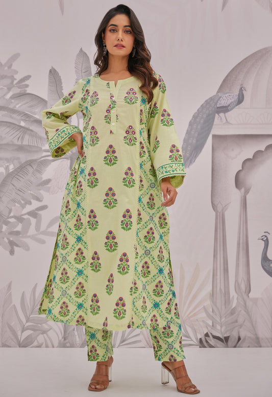 Pure Cotton Block Print Kurta Pant Dupatta Set with Ethnic Detailing for Women