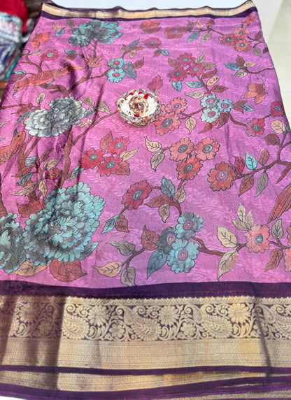 Silk blend printed saree with zari border and digital pallu print, 6.3m with running blouse, 6 color options