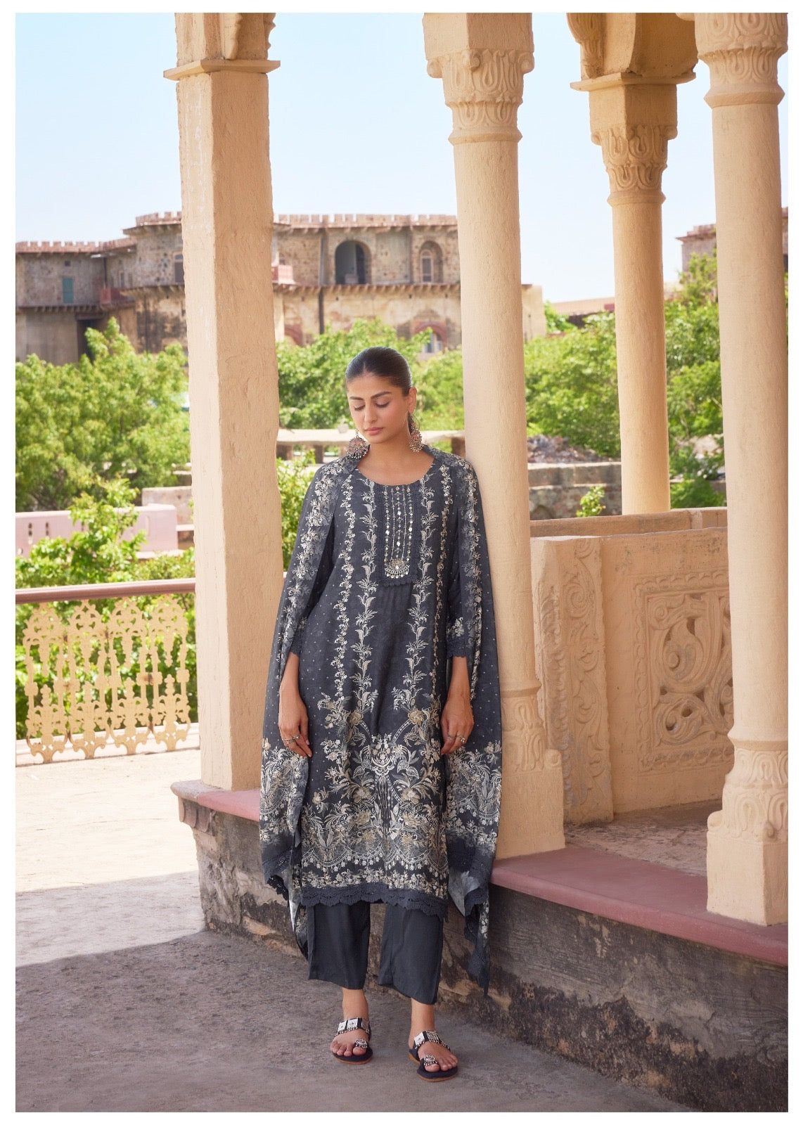 Digital Muslin Kurta Set with Moti Mirror Handwork, Shantoon Pant & Lace Dupatta – M to XXL