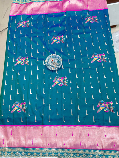 Paithani Lace Border Soft Silk Saree with Contrast Blouse for Women