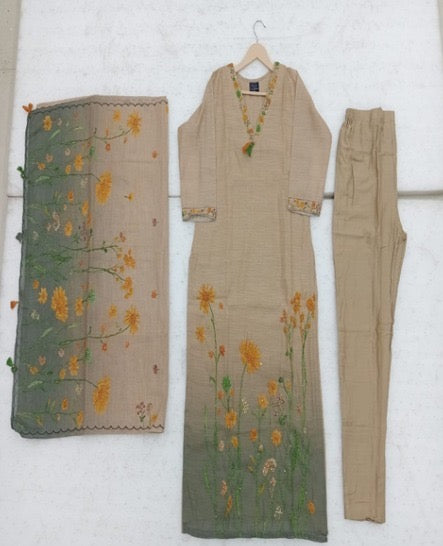 Jamdani Cotton Kurta Pant Dupatta Set for Women with Lining, Beige Ethnic 3 Piece Set - Blude Gold Design