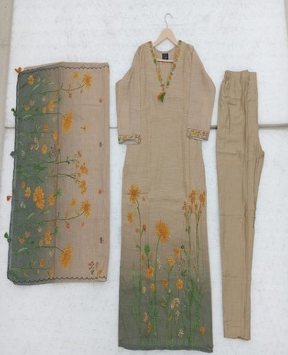 Jamdani Cotton Kurta Pant Dupatta Set for Women with Lining, Beige Ethnic 3 Piece Set - Blude Gold Design