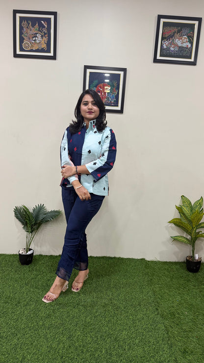 Women's Pure Silk Colorblock Co-ord Set with Card Suit Print and Sheer Panel Pants