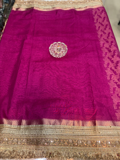 Women’s Banarasi katan tissue silk saree with heavy lace border and rich pallu, pink and gold