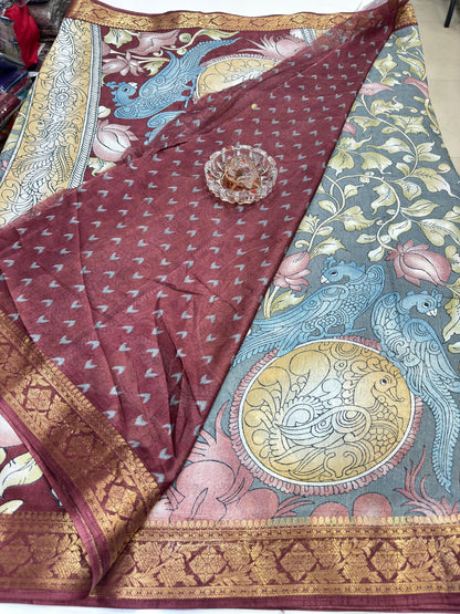 Silk blend printed saree with floral and bird motifs, zari border, women’s festive wear saree