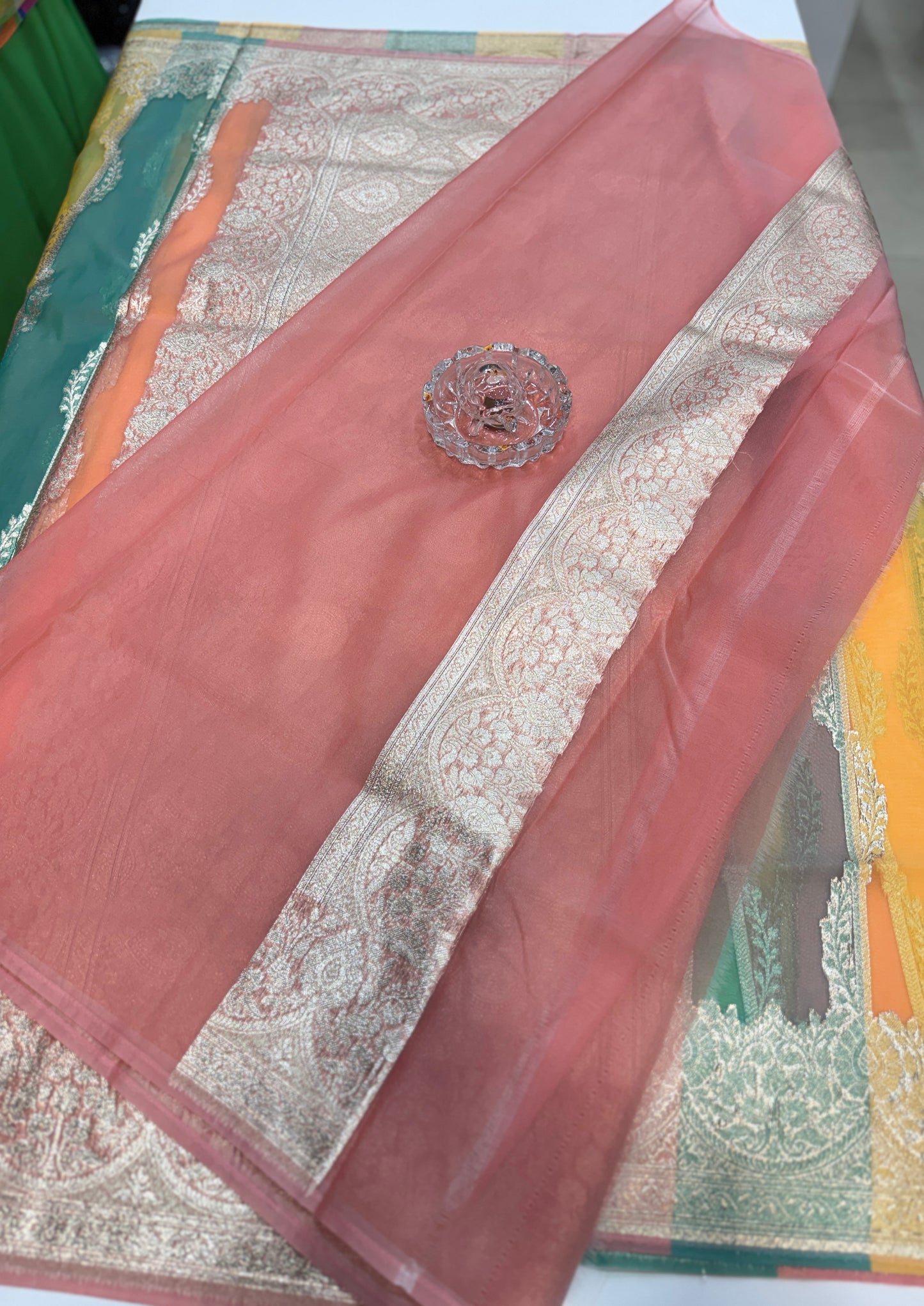Banarasi handloom kora organza rankaat saree with allover zari stripe weaving and blouse piece