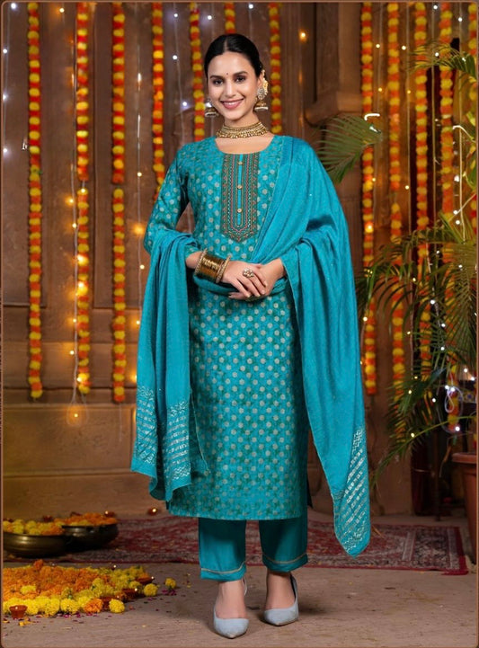 Roman Silk Straight Suit Set with Muslin Jacquard Dupatta – Women’s Plus Size Ethnic Wear
