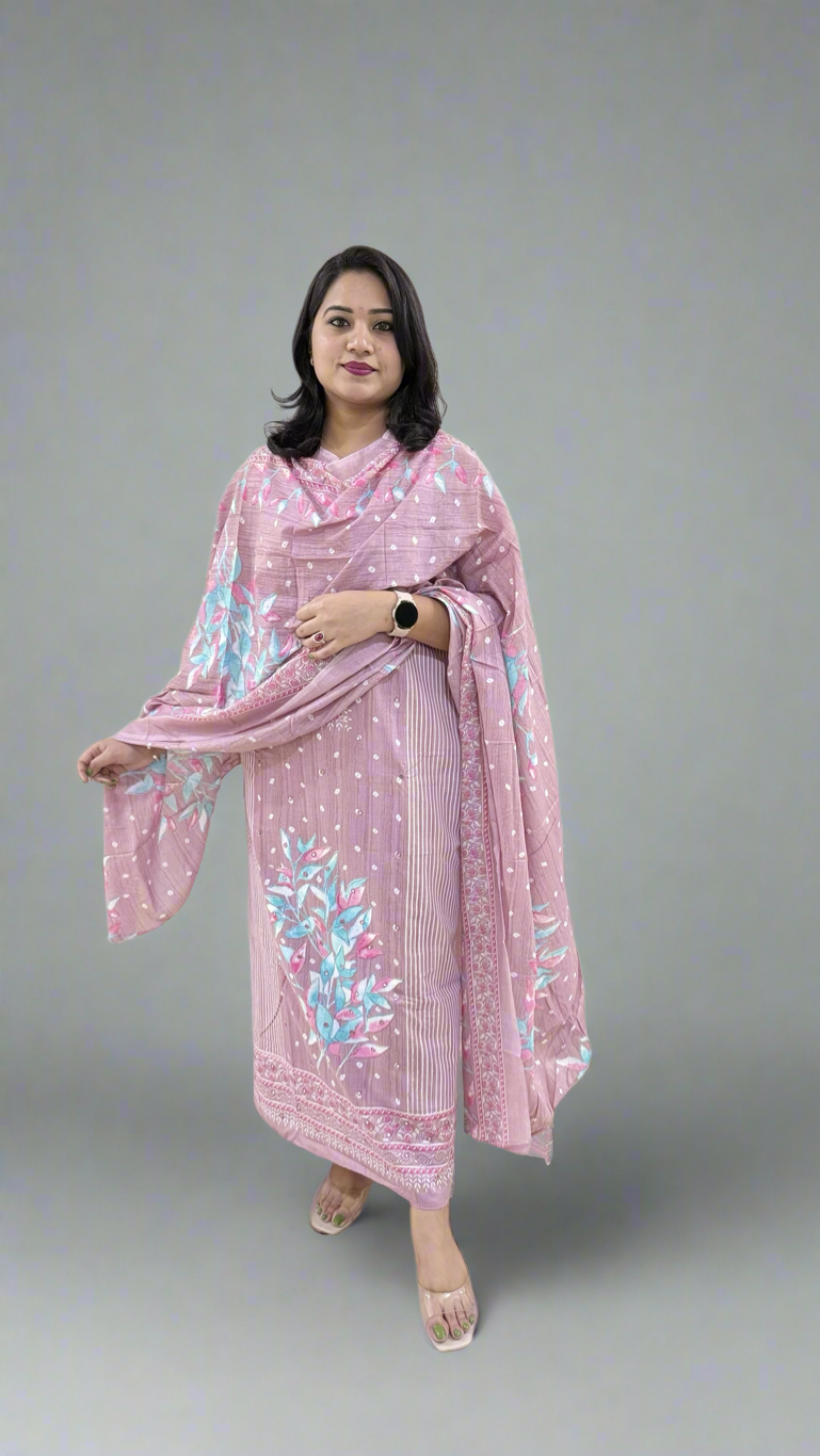 Unstitched Pure Cotton Suit Material with Handwork, Printed Salwar and Mal Mal Cotton Dupatta
