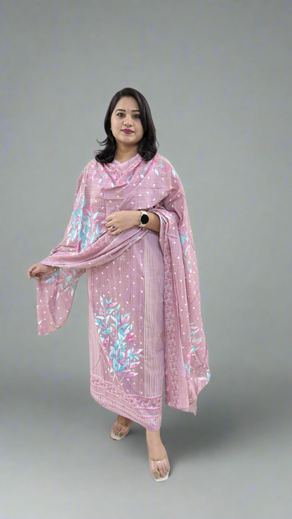 Unstitched Pure Cotton Suit Material with Handwork, Printed Salwar and Mal Mal Cotton Dupatta